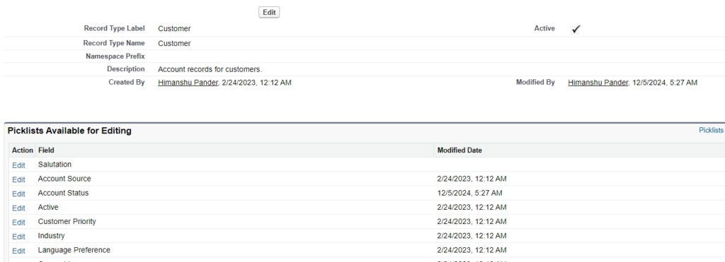 Picklists for Customer Record Type